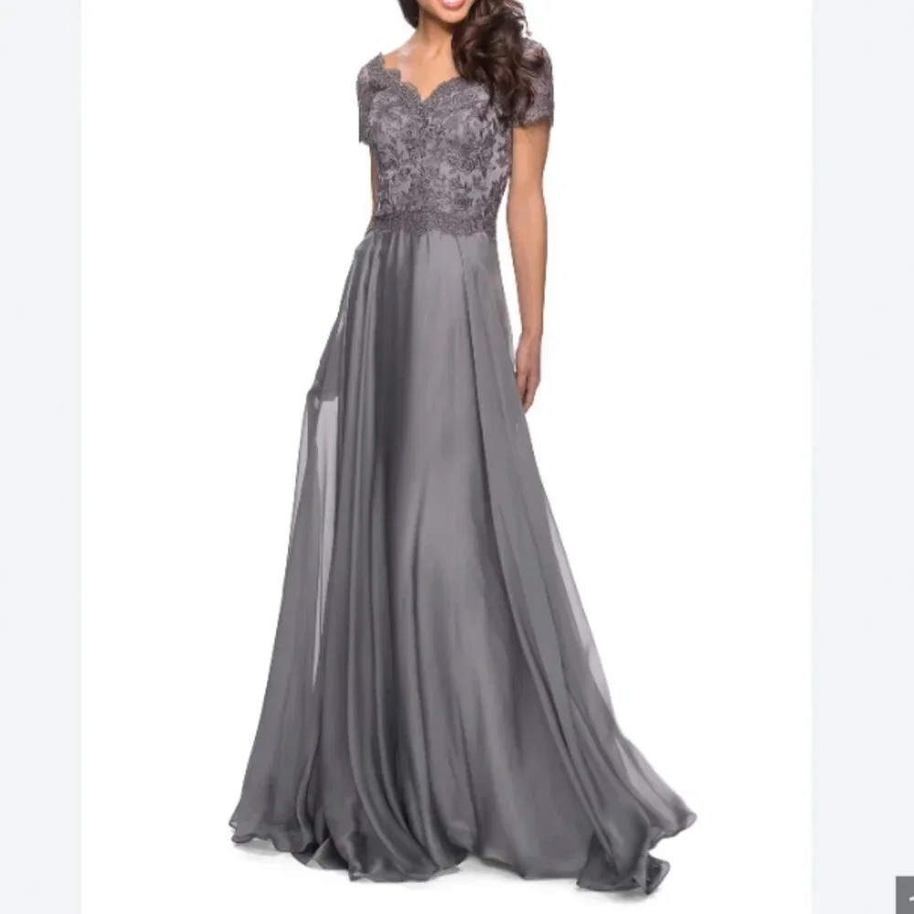 NWT La Femme Floral Embroidery Chiffon Column Gown Size 14 - Picture 1 of 5